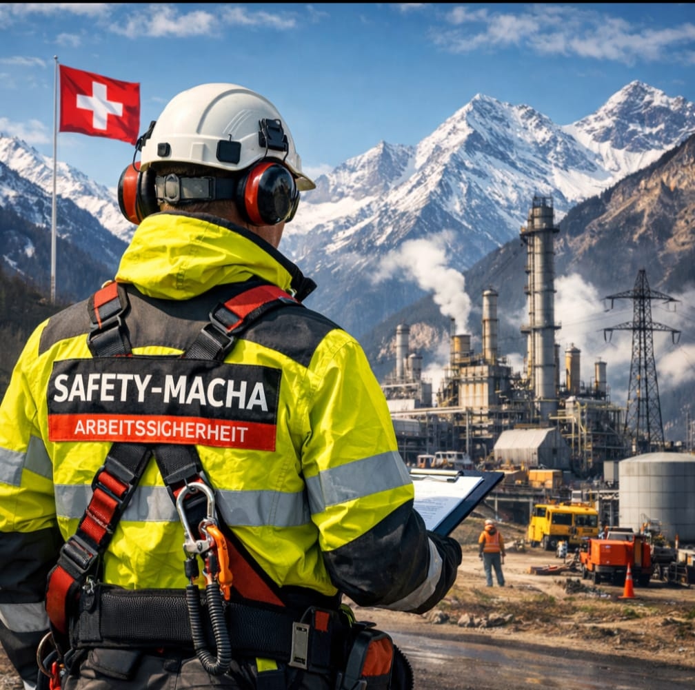 Safety-Macha Fachkraft für Arbeitssicherheit mit PSAgA Ausrüstung vor Industrieanlage
